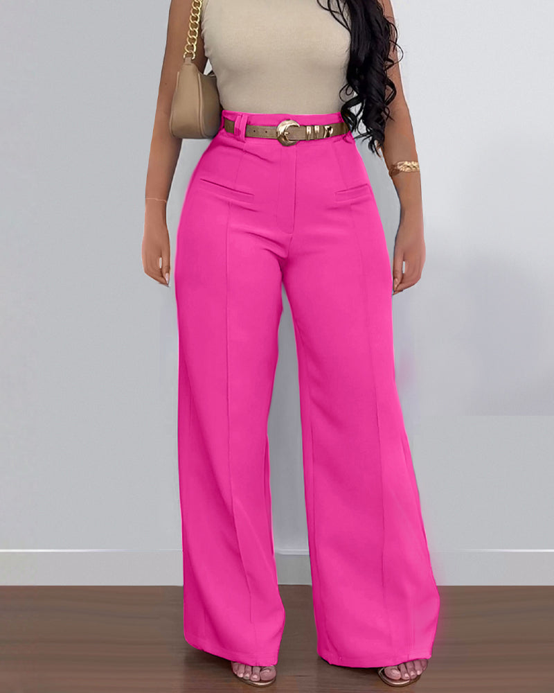 Casual High Waist Solid Color Pocket Wide Leg Pants Secondary image
