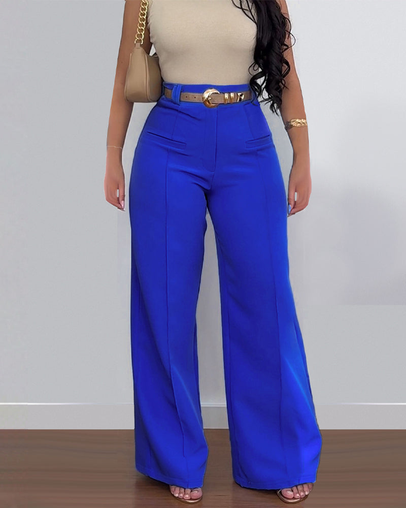 Casual High Waist Solid Color Pocket Wide Leg Pants Main image