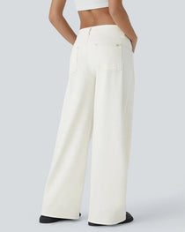Asymmetric Low-Rise Zipper Pocket Loose Wide-Leg Washed Jeans