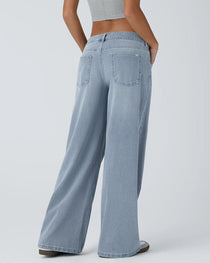 Asymmetric Low-Rise Zipper Pocket Loose Wide-Leg Washed Jeans
