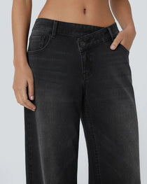 Asymmetric Low-Rise Zipper Pocket Loose Wide-Leg Washed Jeans