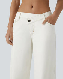 Asymmetric Low-Rise Zipper Pocket Loose Wide-Leg Washed Jeans