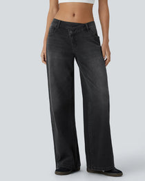 Asymmetric Low-Rise Zipper Pocket Loose Wide-Leg Washed Jeans