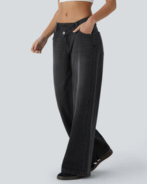 Asymmetric Low-Rise Zipper Pocket Loose Wide-Leg Washed Jeans