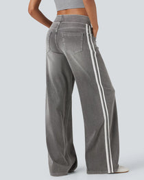 Casual High-Waist Striped Wide-Leg Washed Pocket Jeans