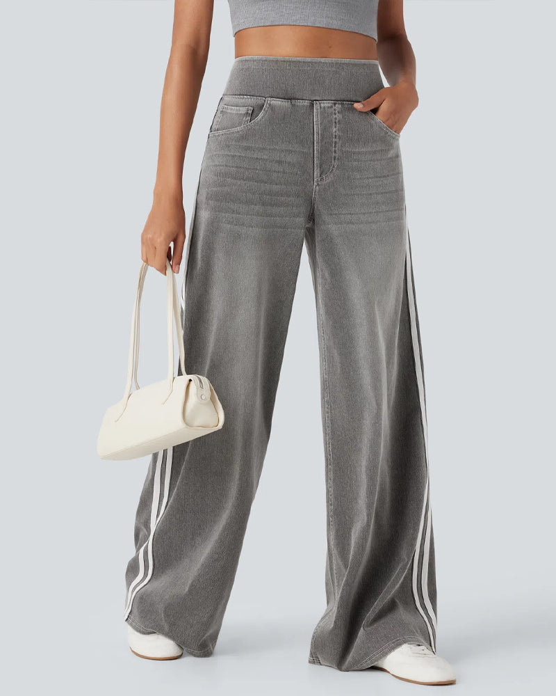 Casual High-Waist Striped Wide-Leg Washed Pocket Jeans Secondary image