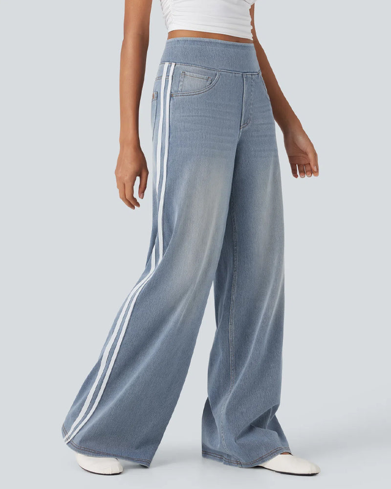 Casual High-Waist Striped Wide-Leg Washed Pocket Jeans Main image