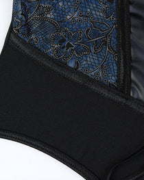 Retro Printed Mesh and PU Leather Cross-Strap Bow Bodysuit