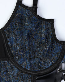 Retro Printed Mesh and PU Leather Cross-Strap Bow Bodysuit