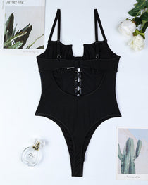 Retro Printed Mesh and PU Leather Cross-Strap Bow Bodysuit