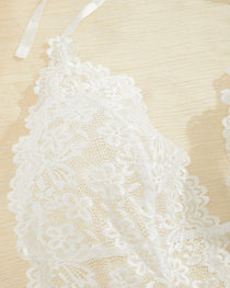 Sexy Hollow Lace See-through Suspenders Open Crotch One-piece Pajamas