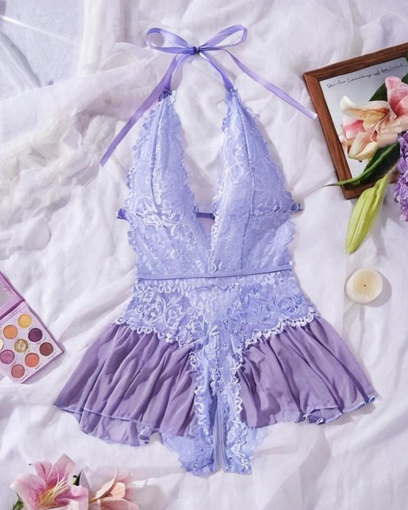 Sexy Hollow Lace See-through Suspenders Open Crotch One-piece Pajamas Main image