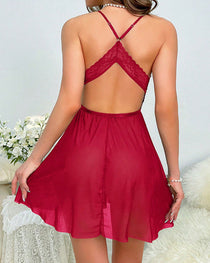 Sexy Deep V-neck Low-cut Backless Mesh Hollow Fun Suspender Nightgown
