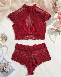 High Neck Lace Sheer Mesh Backless Bra Underwear Set
