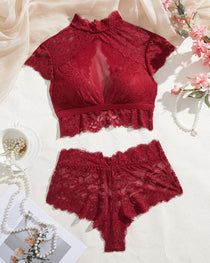 High Neck Lace Sheer Mesh Backless Bra Underwear Set