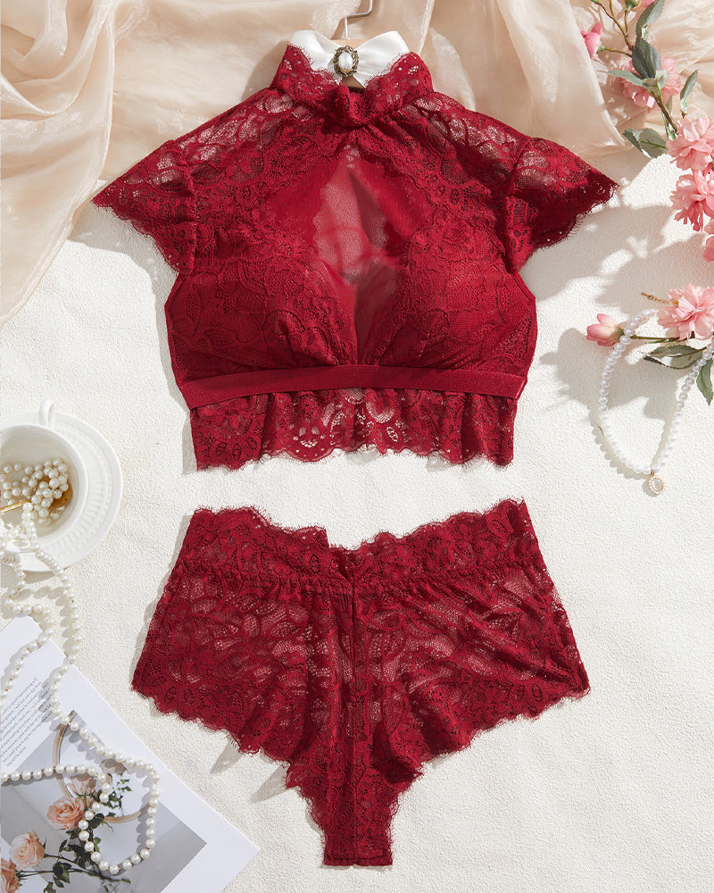 High Neck Lace Sheer Mesh Backless Bra Underwear Set Secondary image