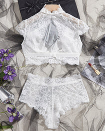 High Neck Lace Sheer Mesh Backless Bra Underwear Set