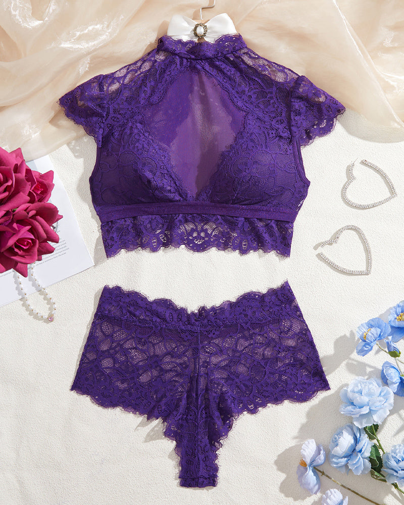 High Neck Lace Sheer Mesh Backless Bra Underwear Set Main image