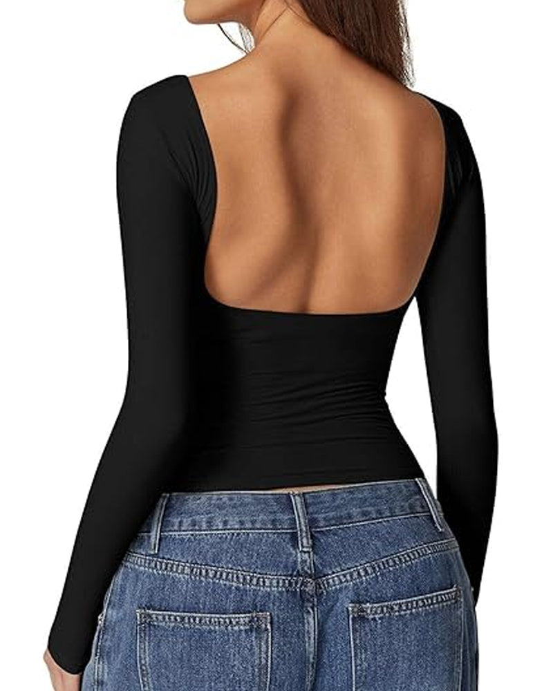Women's Sexy Open Back Seamless Turtleneck Double Lined Slim Fit Long Sleeve Top Main image