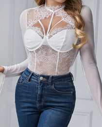 Sexy Round Neck Lace Mesh See-through Slim Long Sleeve Tights Bodysuit