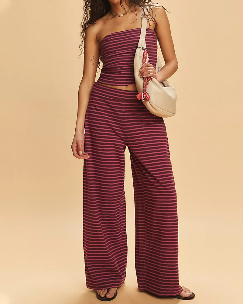 Women's Striped Print Casual Short Tube Top Wide-leg Pants Suit Main image