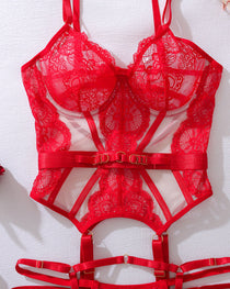 Metal Buckle Decorated Lace See-through Sexy Lingerie Set