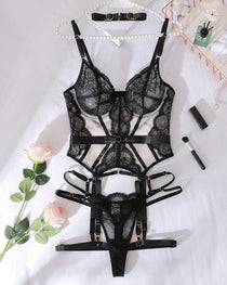 Metal Buckle Decorated Lace See-through Sexy Lingerie Set