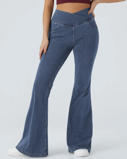 High-waisted Cross-pocket Stretch Flared Washed Casual Jeans