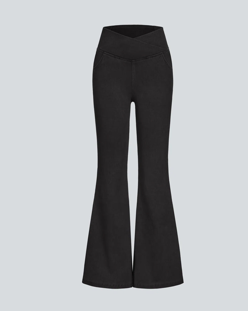 High-waisted Cross-pocket Stretch Flared Washed Casual Jeans
