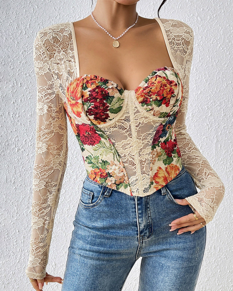 Retro Square Neck Floral Lace Panel Long Sleeve Top Main image