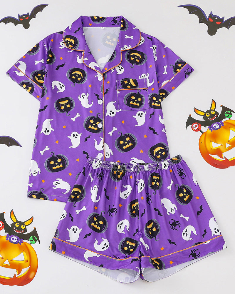 Halloween Fun Print Lapel Short-sleeved Shorts Casual Home Wear Suit Secondary image