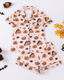 Halloween Print Lapel Short-Sleeved Shorts Casual Homewear Set