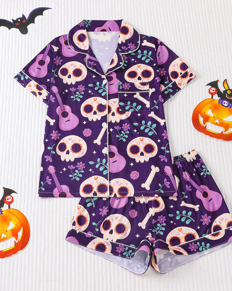 Halloween Print Lapel Short-Sleeved Shorts Casual Homewear Set Main image