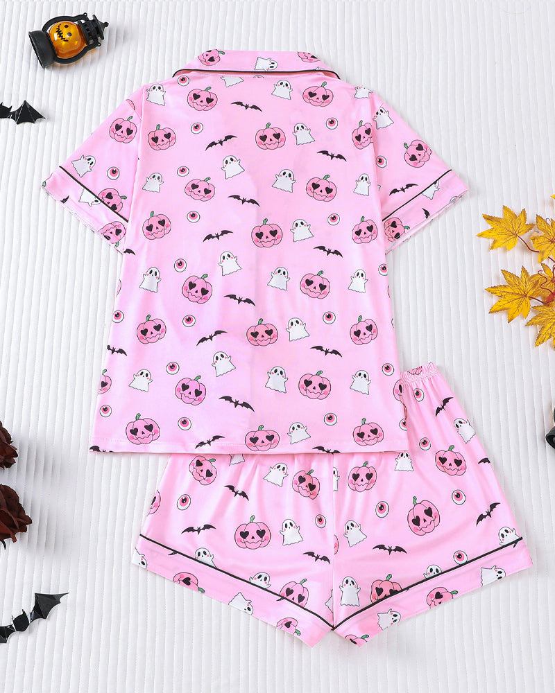 Halloween Print Lapel Short-Sleeved Shorts Casual Homewear Set Secondary image