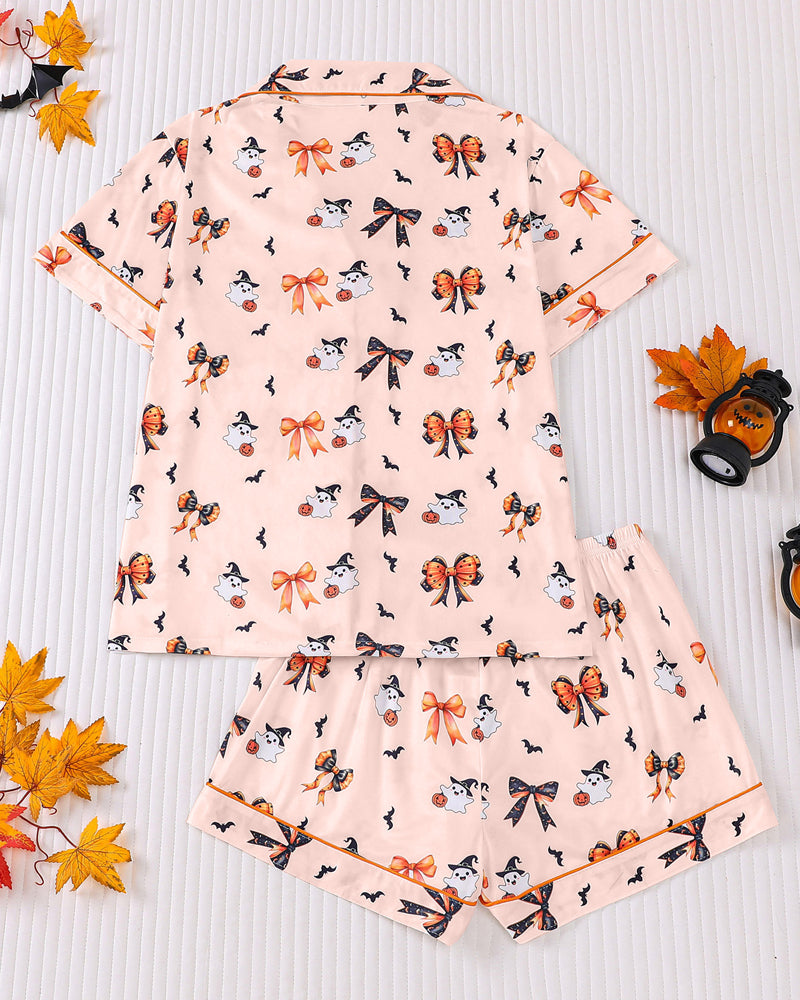 Casual Halloween Print Lapel Short-Sleeved Shorts Homewear Set Secondary image