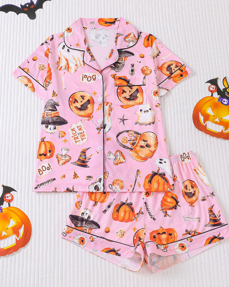 Casual Halloween Print Lapel Short-Sleeved Shorts Homewear Set Main image