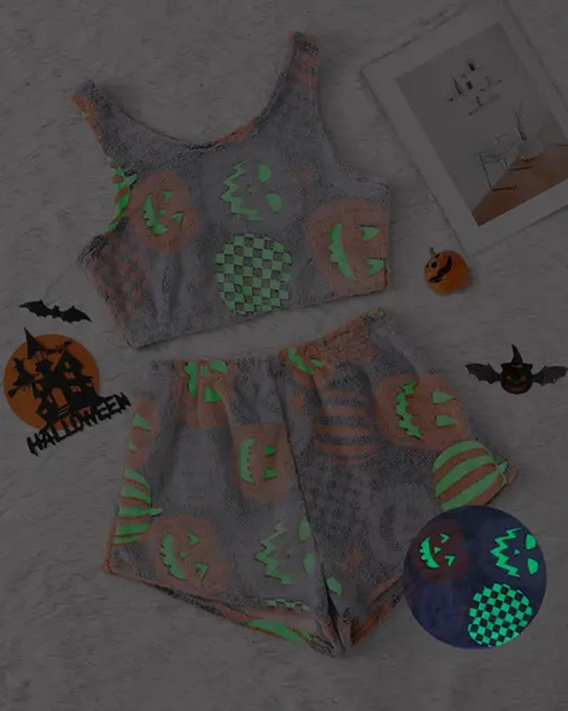 Halloween Flannel Luminous Pumpkin Ghost Print Vest and Elastic Waist Shorts Pajama Set Secondary image
