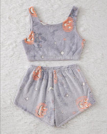 Halloween Flannel Luminous Pumpkin Ghost Print Vest and Elastic Waist Shorts Pajama Set