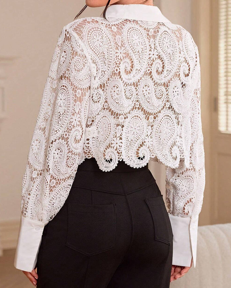 Women's Lapel Lace Hollow Asymmetrical Hem Short Long Sleeve Shirt Secondary image
