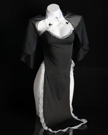 Halloween Sexy Nun Costume Role Play Hollow Slit Long Dress with Stockings Set