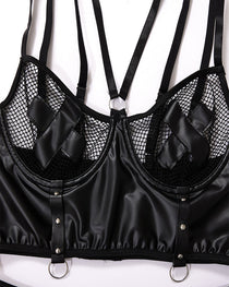 Sexy PU Leather Fishnet See-through Pajamas Set