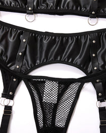 Sexy PU Leather Fishnet See-through Pajamas Set