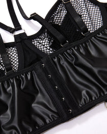 Sexy PU Leather Fishnet See-through Pajamas Set