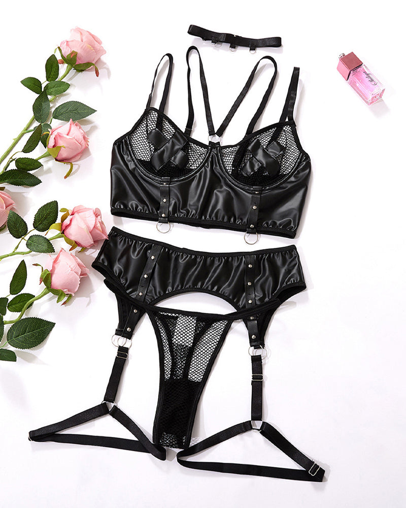 Sexy PU Leather Fishnet See-through Pajamas Set Secondary image