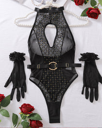 Diamond Print Mesh Splicing Hollow Halter Neck Sexy Bodysuit