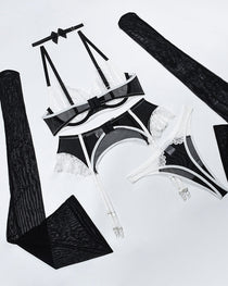 Sexy Heart Flower Lace Mesh Splicing Colorblock Fun Lingerie Set