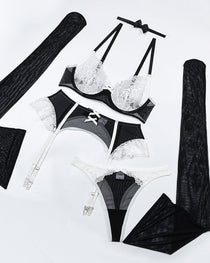 Sexy Heart Flower Lace Mesh Splicing Colorblock Fun Lingerie Set