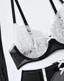 Sexy Heart Flower Lace Mesh Splicing Colorblock Fun Lingerie Set
