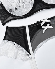 Sexy Heart Flower Lace Mesh Splicing Colorblock Fun Lingerie Set