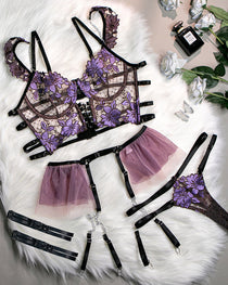 Sexy Flower Embroidered Mesh Hollowed-out Suit